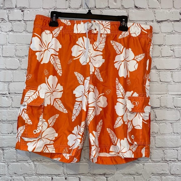 OP Orange & White Tropical Swim Trunks - Picture 1 of 6